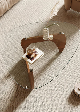 Contemporary Triangle Coffee Table with Tempered Glass Top and Natural Wood Finish, 42.5" x 28.5" x 16.1" for Living Room