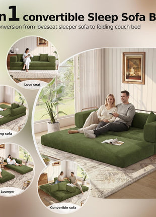 78.8'' Convertible Sleeper Sofa - Modular Corduroy Couch with Armrest Pillow, Easy Setup, Green