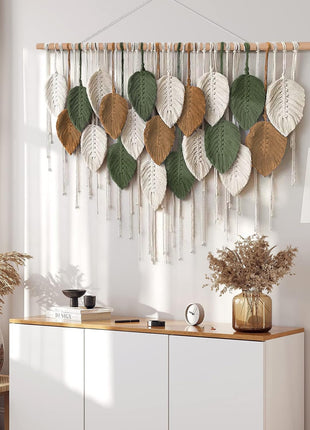 Large Macrame Wall Hanging - Handcrafted Bohemian Tapestry for Elegant Home Decor, Featuring Leaf and Feather Design for Living Room, Bedroom, Nursery, and Apartment - 39"W x 29.5"L
