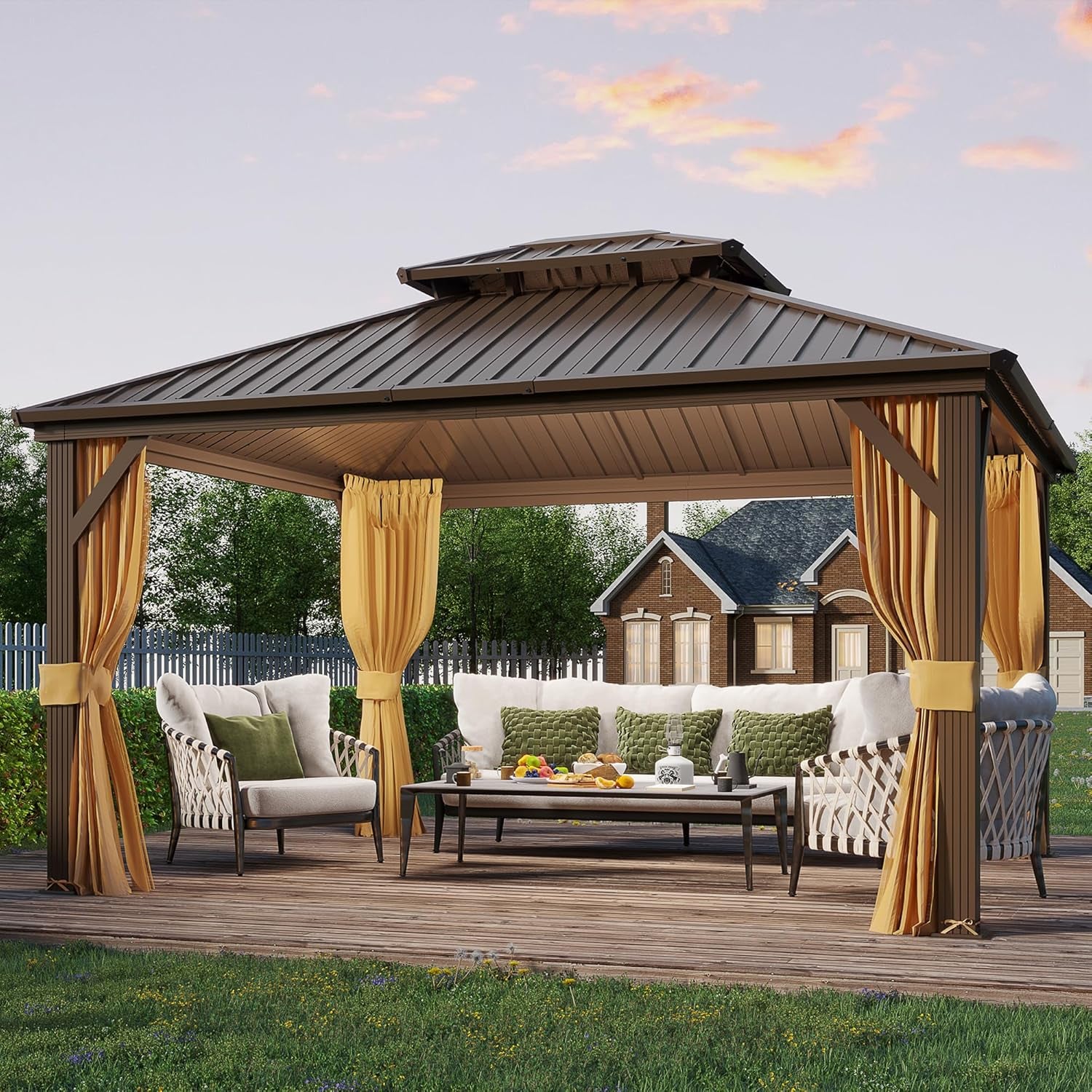 10' X 12' Hardtop Gazebo, Metal Gazebo with Aluminum Frame, Double Galvanized Steel Roof, Curtains and Netting Included, Pergolas for Patios, Garden, Parties, Lawns