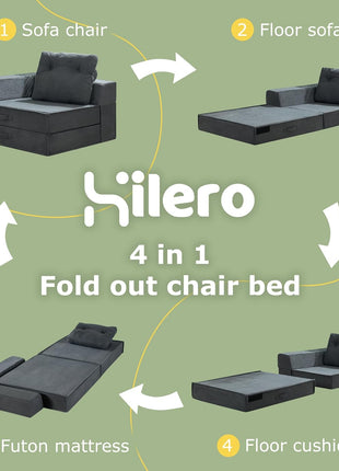 Convertible 4-in-1 Folding Sofa Bed with Memory Foam Mattress and Support Pillow - Modern Futon Chair for Living Room, Apartment, and Guest Use in Black Grey