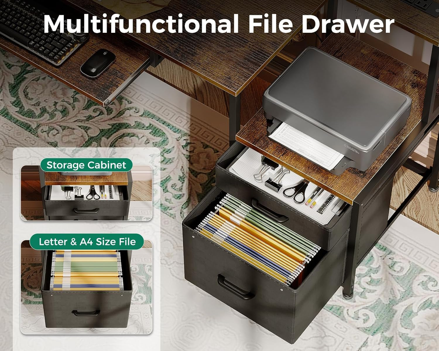 Computer Desk with Drawers and Keyboard Tray, 63" Office Desk with Power Outlet, Reversible Study Work Desk with Printer Shelf and PC Stand for Home Office, Vintage