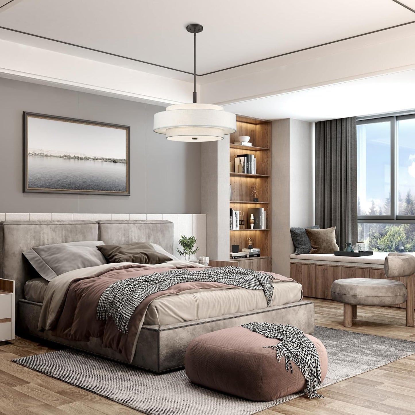 Lighting Fabric Shade 52138-92 Meridian 5 Light English Bronze Pendant