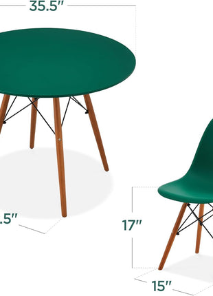 5-Piece Mid-Century Modern Dining Set Featuring Compact Table and Four Chairs in Dark Green and Walnut Finish with Plastic Seats, Wooden Legs, and Metal Frame