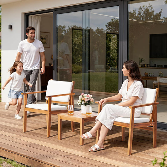 Patio Chairs 3 Piece Acacia Wood Patio Furniture with Coffee Table & Cushions Outdoor Conversation Set Balcony Chairs for Porch, Deck, Backyard