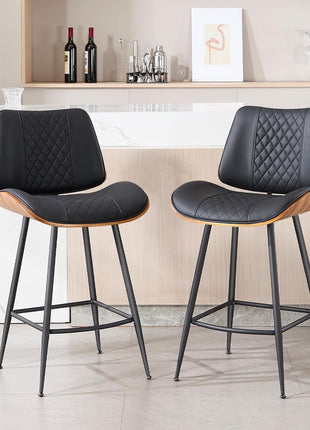Set of 2 Modern Counter Height Barstools, 26.9" Armless Design with Metal Legs, Walnut Finish, PU Leather Bentwood Chairs for Home Counter, Kitchen Island, and Cafe (Black)