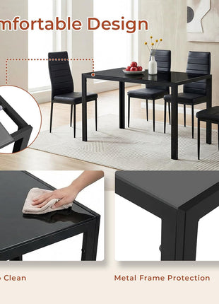 5-Piece Dining Table Set for Four with Tempered Glass Top and Upholstered PU Chairs, Space-Saving Metal Frame Design for Home and Kitchen in Black