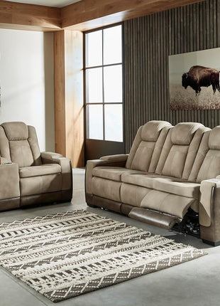 Signature Design by Ashley Next-Gen Durapella Power Reclining Sofa with Wireless & USB Charging, Zero-Gravity Feature, Adjustable Headrest, Water-Repellent Faux Leather, Drop-Down Table in Beige/Brown, 86 Inches
