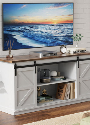 Farmhouse-Inspired TV Stand for Up to 65-Inch Televisions with Sliding Barn Doors and Storage Cabinets, 58-Inch Console Table and Media Furniture in White
