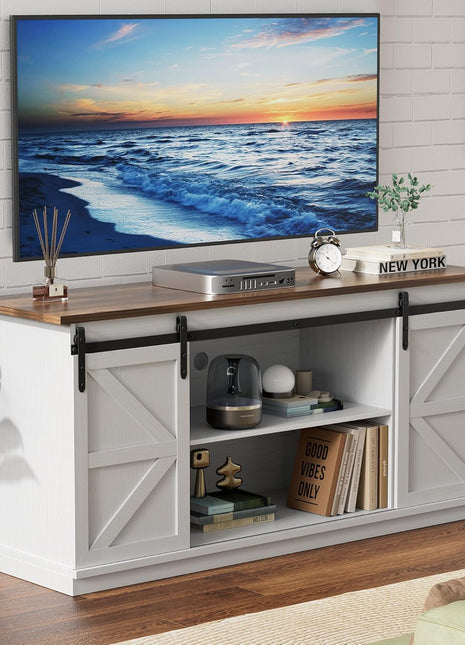 Farmhouse-Inspired TV Stand for Up to 65-Inch Televisions with Sliding Barn Doors and Storage Cabinets, 58-Inch Console Table and Media Furniture in White