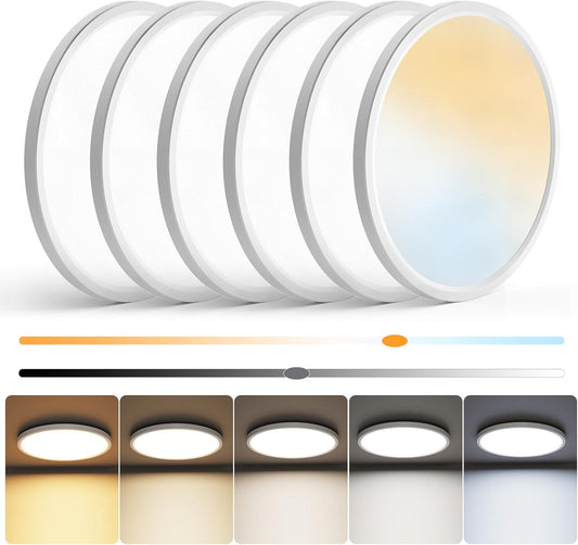 12 Inch Flush Mount LED Ceiling Light Fixture, Dimmable 3000K-6500K Adjustable Lights, Ultra Thin White round Lamp, 24W Ceiling Lights for Hallway, Kitchen, Bedroom, 6 Pack