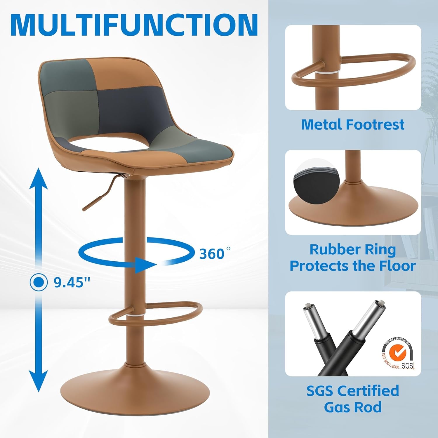 Bar Stools Set of 2, Boho Colorful Patchwork Barstools, Adjustable Swivel Counter Height Bar Stool Faux Leather Upholstered Barstool with Back, Compact Bar Chair for Kitchen Island, Tangreen