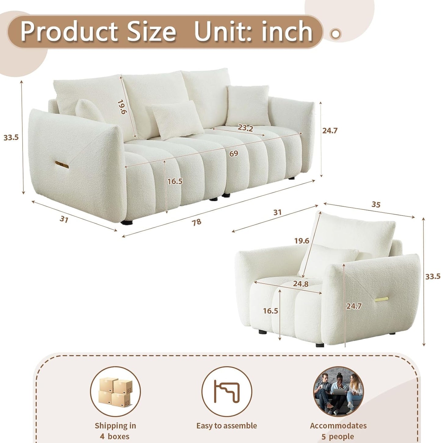 Set of 3 Teddy Sofa for Living Room, Modern 2 Units Deep Seat Sofa Chairs and an Oversized 3-Seater Cloud Boucle Couch for Bedroom, Office, Apartment, Furniture Set, Beige (3 Pieces)
