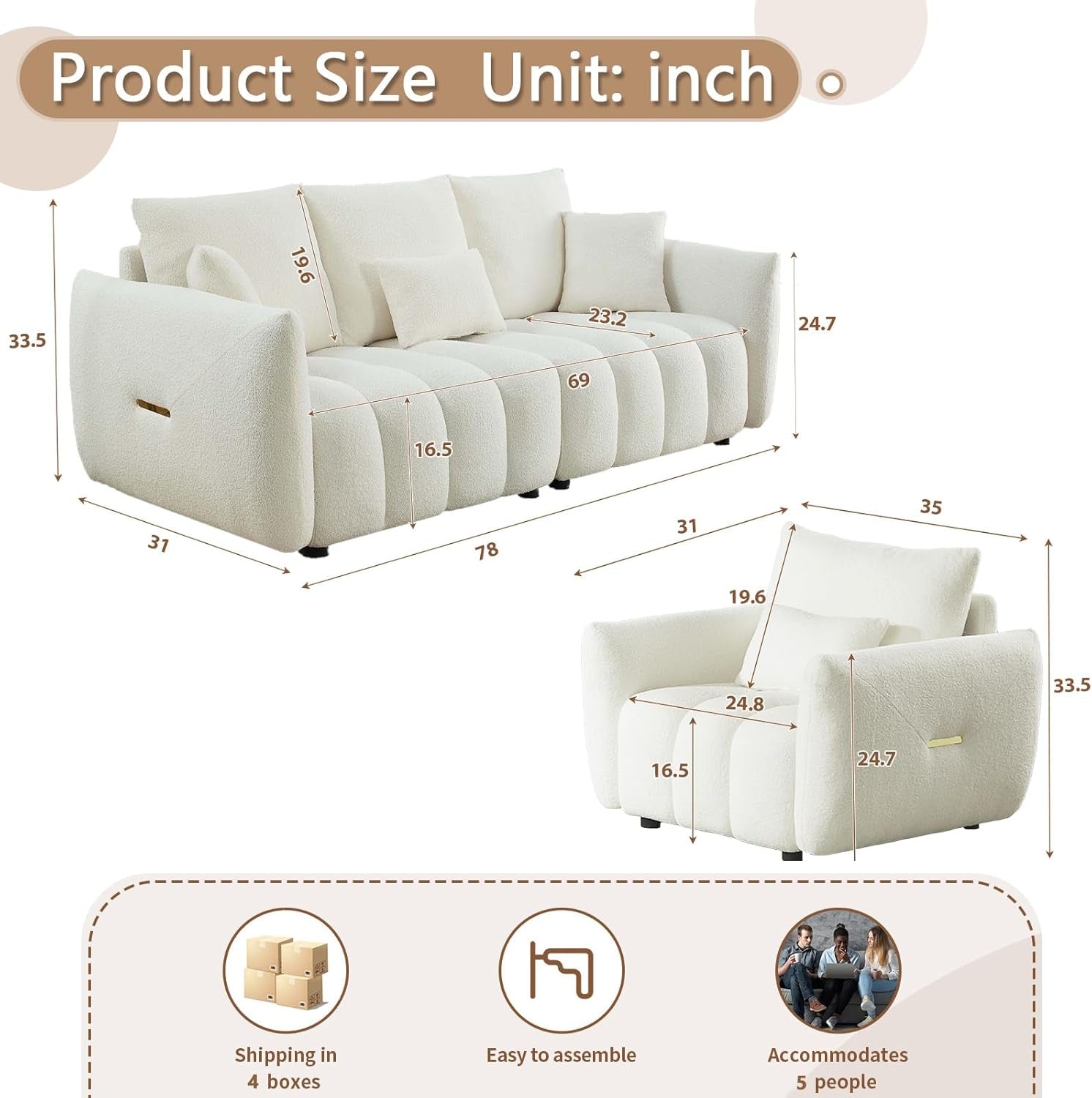 Set of 3 Teddy Sofa for Living Room, Modern 2 Units Deep Seat Sofa Chairs and an Oversized 3-Seater Cloud Boucle Couch for Bedroom, Office, Apartment, Furniture Set, Beige (3 Pieces)