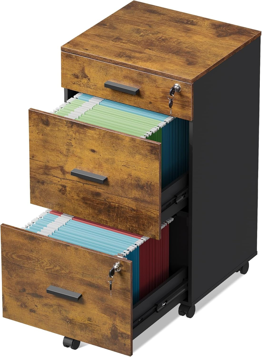 3 Drawer Rolling File Cabinet with Lock, Wood Filing Cabinet Fits Letter / A4 Size for Home Office, Rustic Brown