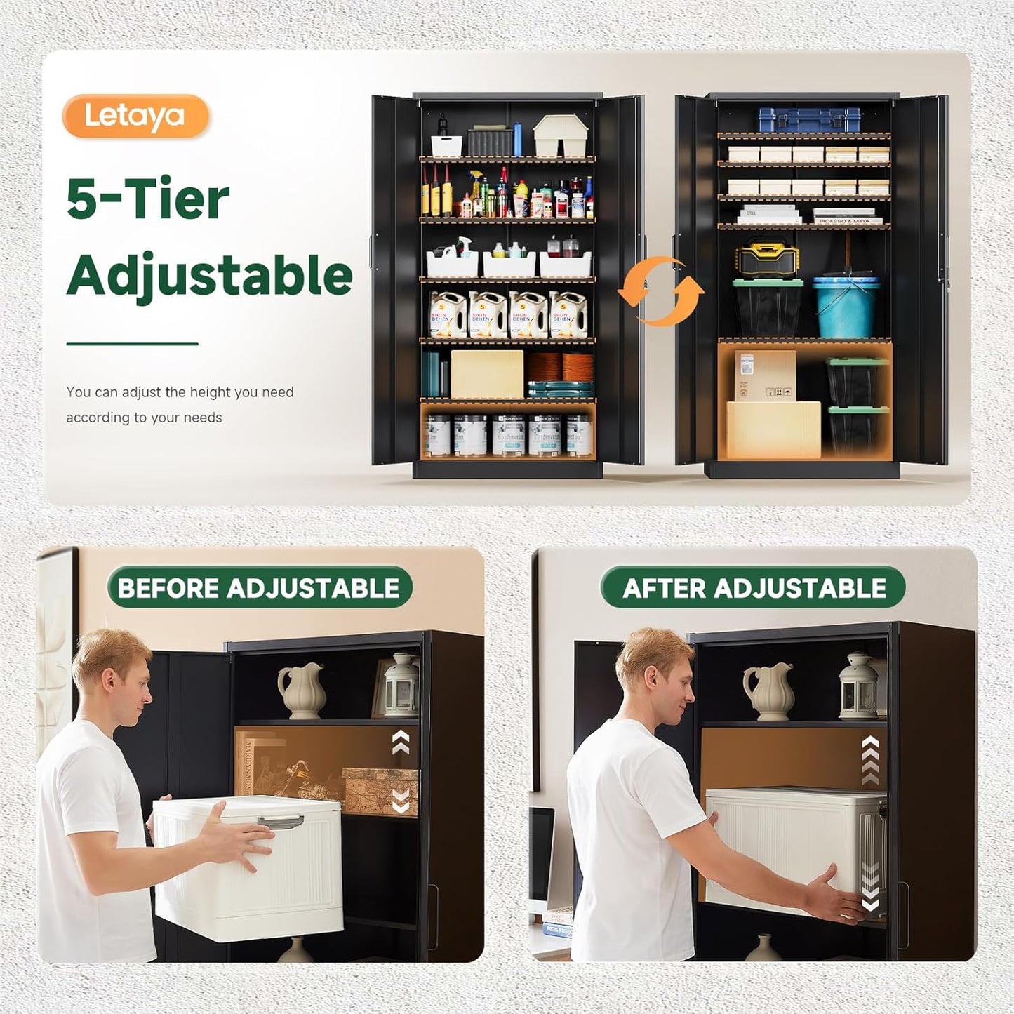 Metal Storage Cabinets with Lock Doors,Tall Locker Organizer Steel Garage Cabinets, 5 Adjustable Layers Shelves for Home, Office, Warehouse,Tool,Industrial(Black)