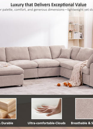 Oversized Modular U-Shaped Sectional Sofa with Ottoman - 7-Seater Modern Corner Couch in Beige Chenille for Living Rooms and Offices