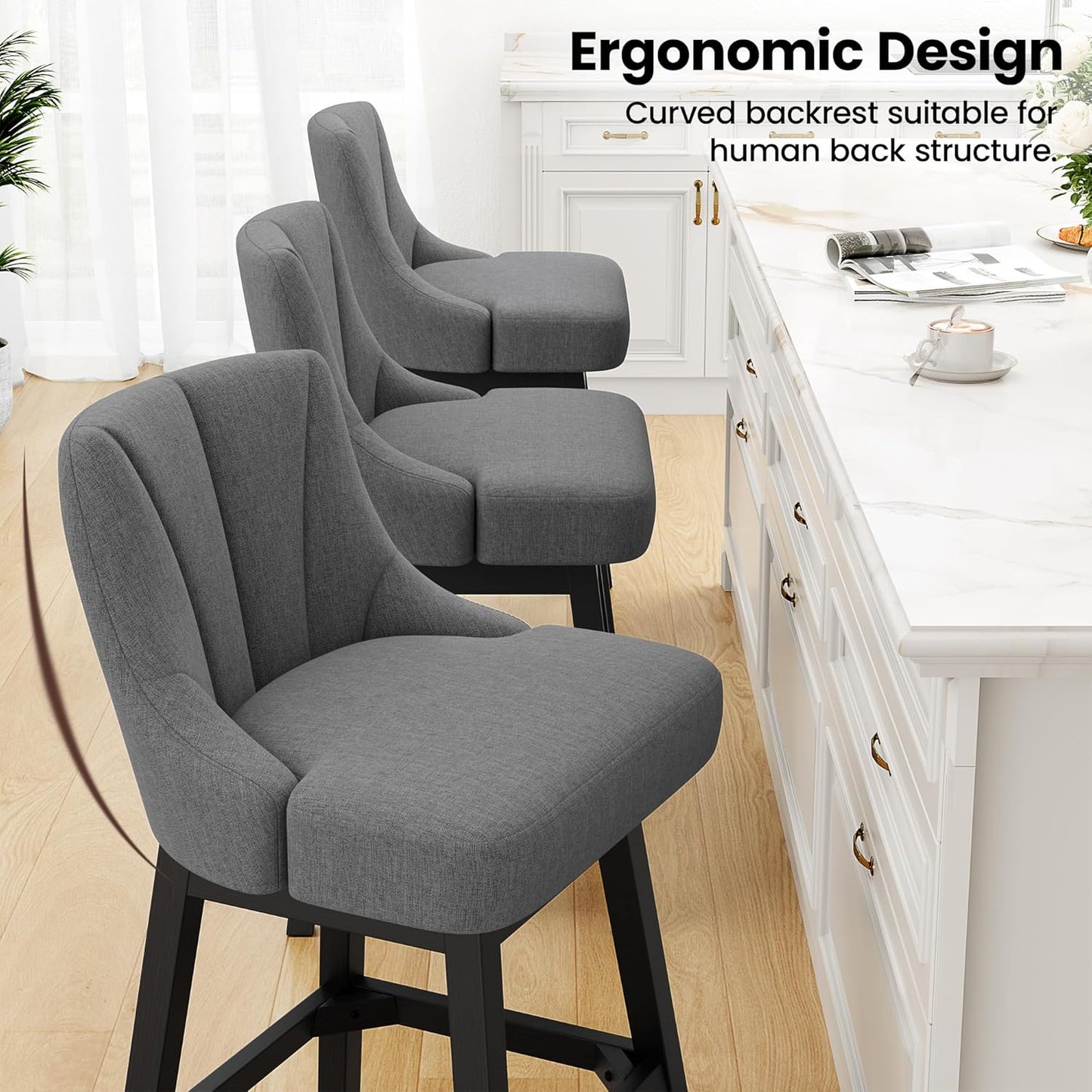 Swivel Bar Stools Set of 3, Fabric Upholstered Counter Height Barstool, 26" Modern Kitchen Island Chairs with Back and Solid Wood Legs for Home Bar Dining Room, Dark Grey