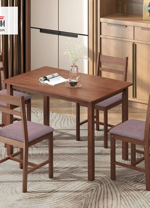 5-Piece Farmhouse Style Solid Wood Dining Set for Four with Upholstered Chairs, Perfect for Compact Spaces, Light Brown and Brown Finish