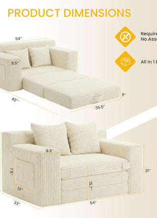 3-in-1 Convertible Boneless Sleeper Sofa Bed with Pillows - Ideal for Compact Living Spaces, Assembly-Free Design