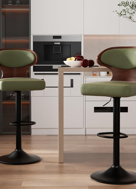 Set of 2 Adjustable Height Bentwood Swivel Bar Stools with Backrest and Footrest - Green PU Leather Upholstered Dining Chairs (24.5-33.5 IN)