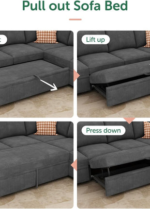 Stylish Dark Grey Modular Sectional Sleeper Sofa with Pull-Out Bed and Storage - Versatile L-Shaped Couch for Living Room Aesthetics