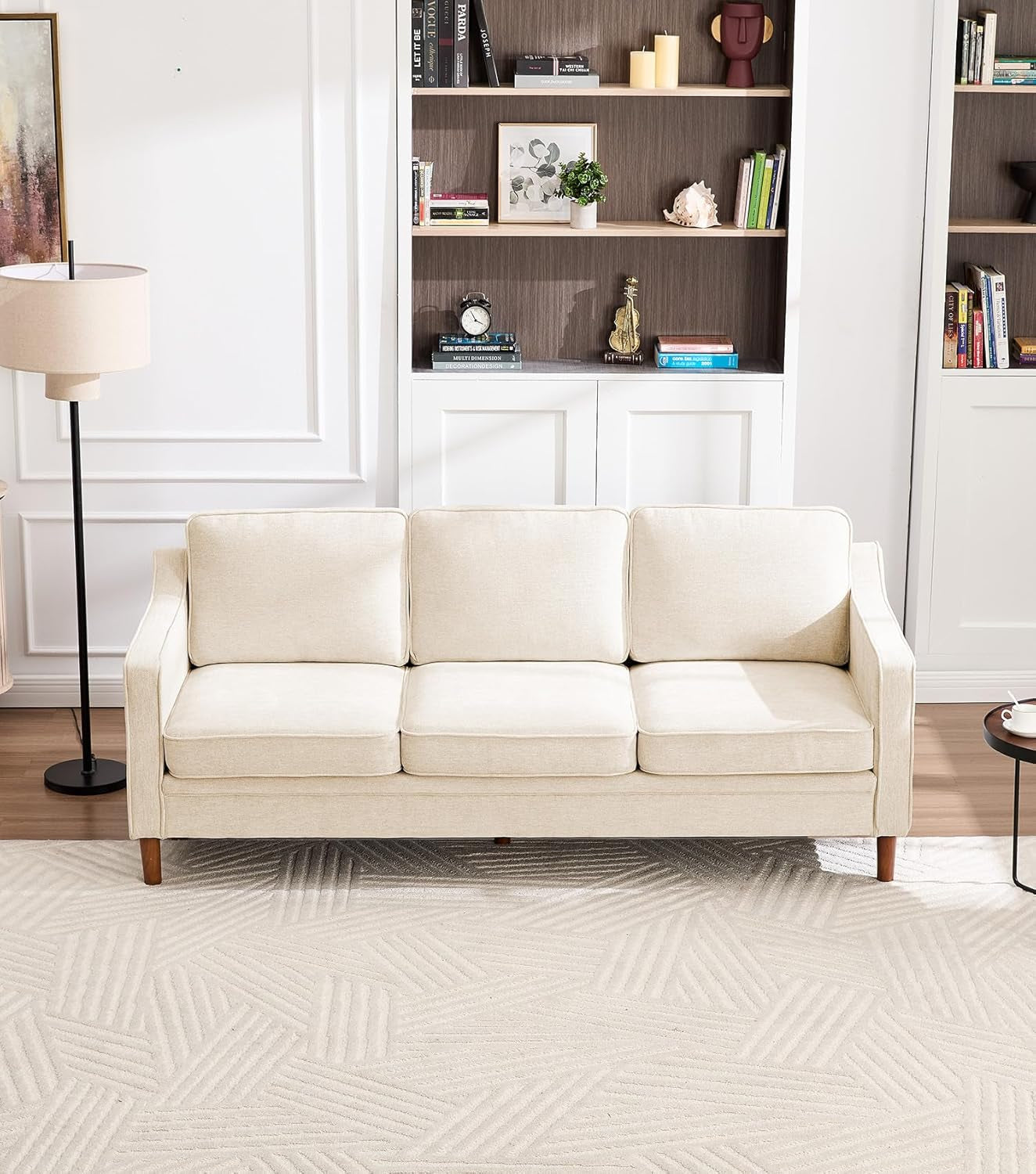 80" Chenille Sofa, 3 Seater Couch, Mid Century Modern Couches with Solid Wood Legs for Living Room & Bedroom, Beige