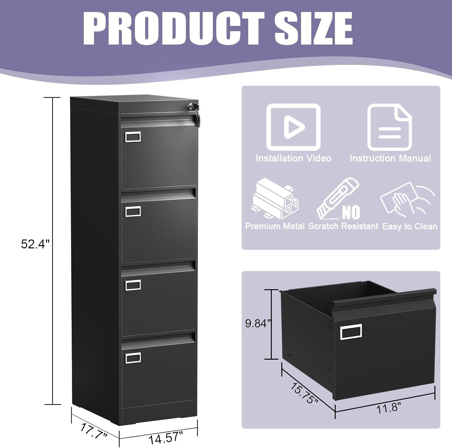 4 Drawer Metal File Cabinet with Lock, Black Lockable Filing Cabinets, Vertical Small File Cabinet with Key, under Desk Filing Cabinets for Home Office