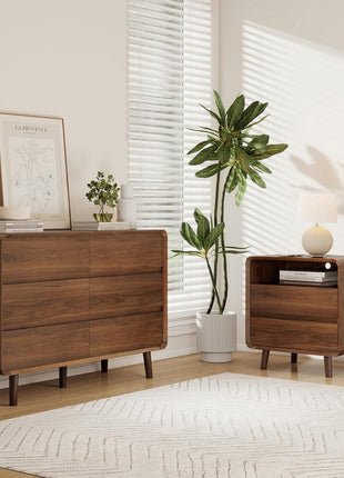 3-Piece Bedroom Furniture Set: 6-Drawer Dresser and Pair of Nightstands in Mid-Century Modern Walnut Finish