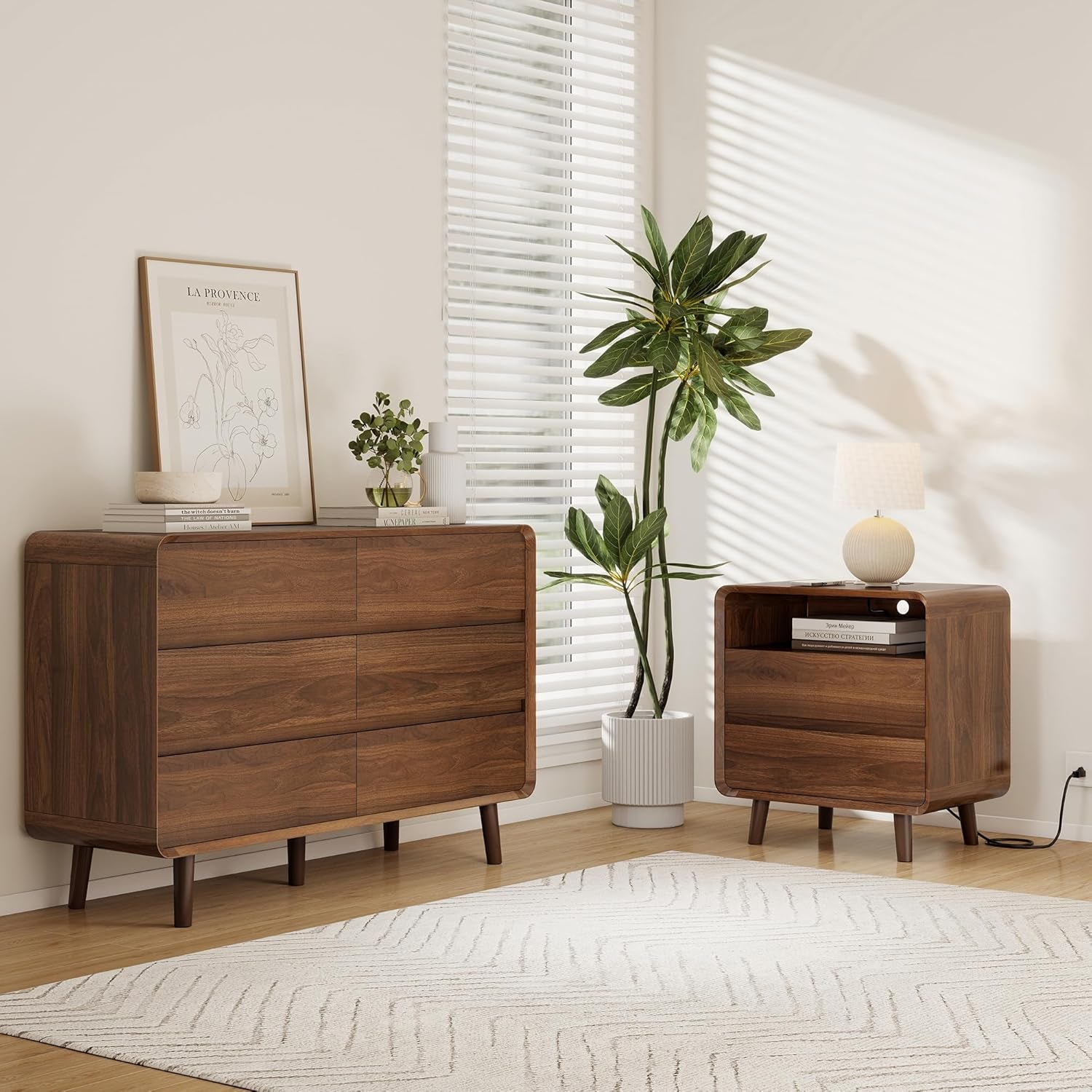 Dresser and Nightstand Sets 3 Piece, 6 Drawer Dresser for Bedroom and Nightstands Set of 2, Wood Chest of Drawers Night Stand Mid Century Modern Bedroom Furniture Set, Walnut