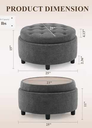 Round Fabric Storage Ottoman with Reversible Tray Lid – Versatile Footrest and Hidden Storage Solution, Durable and Elegant Small Coffee Table for Living Room, Bedroom, or Entryway (Dark Grey)