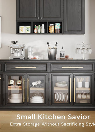63-Inch Contemporary Sideboard Buffet Cabinet with Drawers, Adjustable Shelves, and Magnetic Closure Doors - Versatile Wooden Storage Solution for Kitchen and Living Room, Black