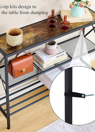 Industrial 3-Tier Console Table for Entryway, Hallway, and Living Room in Rustic Brown and Black Finish