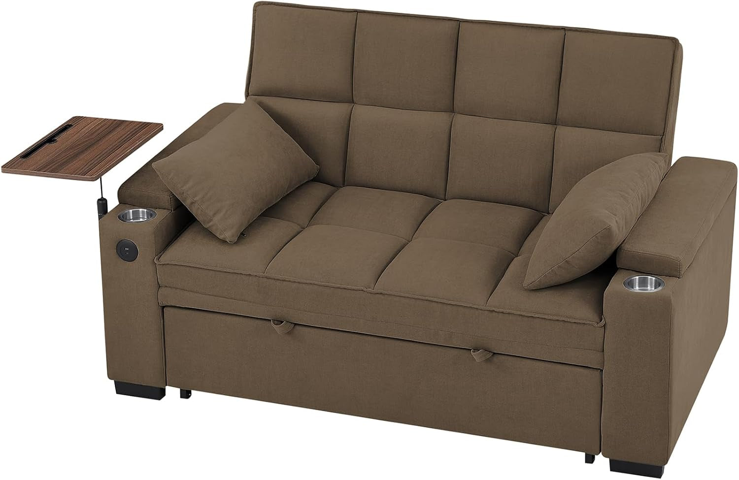 Convertible Sleeper Sofa Bed with 360° Swivel Table & USB Ports, Tufted Chenille Loveseat Pull-Out Couch with Storage Armrest & Cup Holders, 6-Level Adjustable Backrest