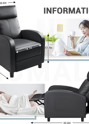 Reclining Chair and Sofa in PU Leather with Lumbar Support for Home Theater and Living Room (Black)