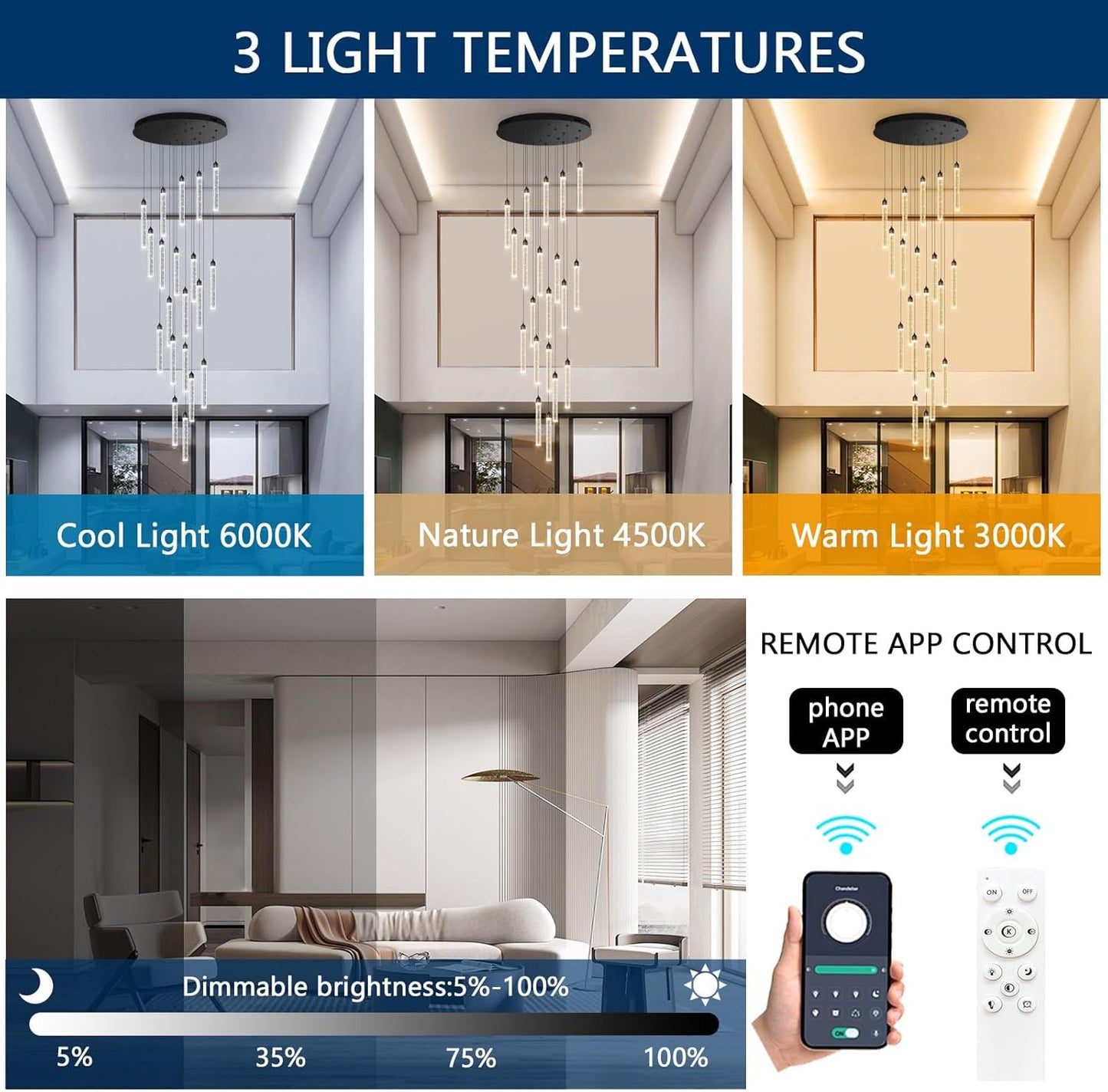 20-Lights Chandelier LED Dimmable Chandeliers for Entryway Flush Mount Ceiling Pendant Light Fixture Crystal Chandeliers for Living Room Black Finished Lighting Modern 156In High Ceiling Chandelier