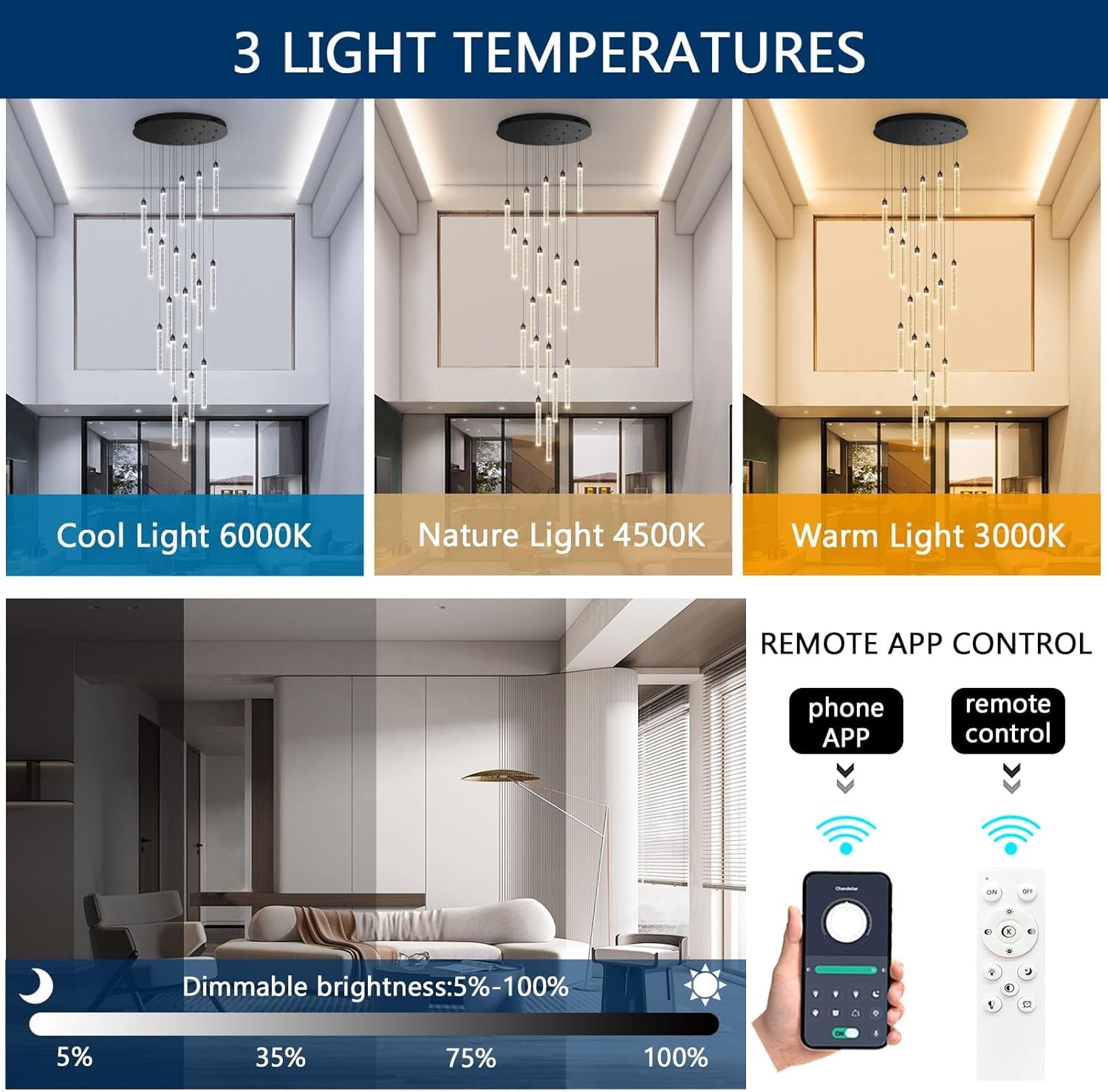 20-Lights Chandelier LED Dimmable Chandeliers for Entryway Flush Mount Ceiling Pendant Light Fixture Crystal Chandeliers for Living Room Black Finished Lighting Modern 156In High Ceiling Chandelier