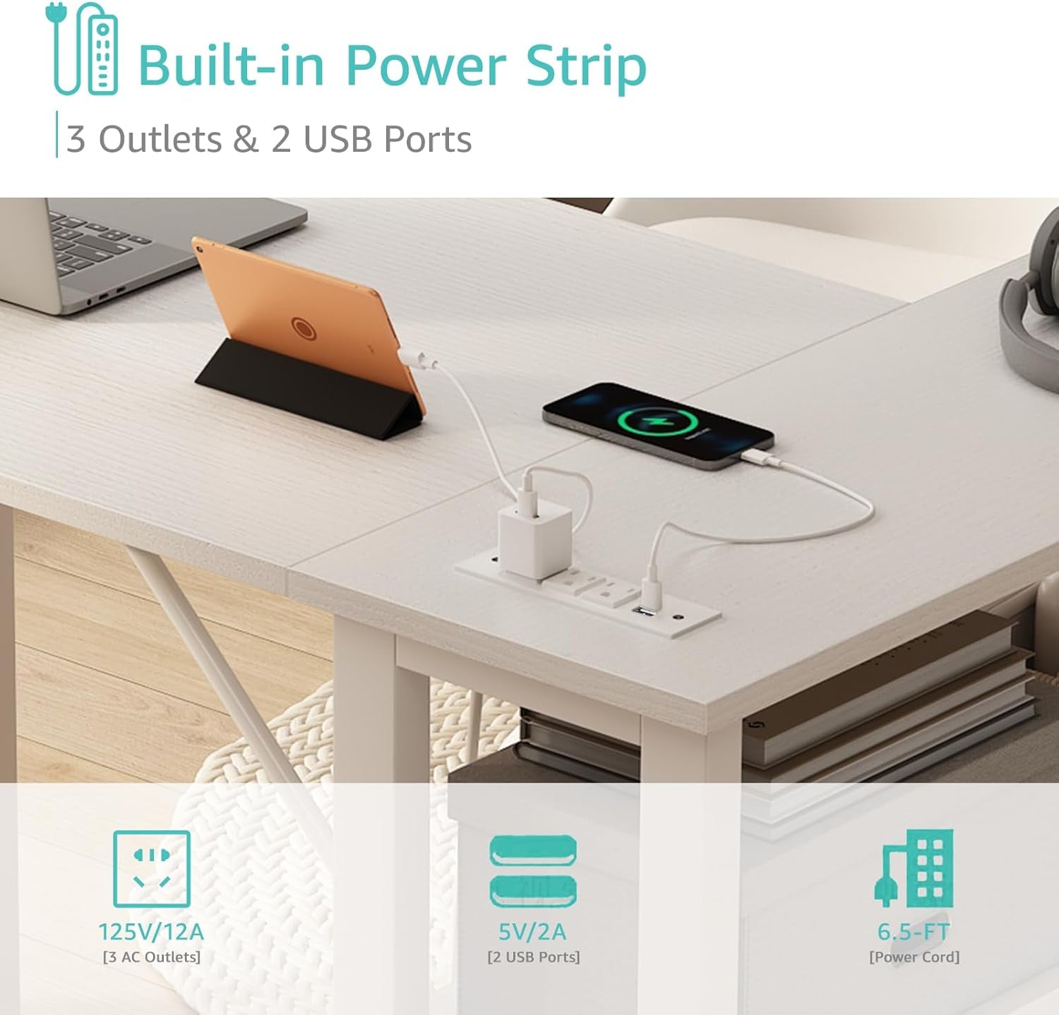 White L Shaped Computer Desk with Drawers & Storage Shelves, 47 Inch Corner Reversible Desk with Power Outlet for Home Office Bedroom, L-Shaped Teen PC Desks with Fabric Drawer, White