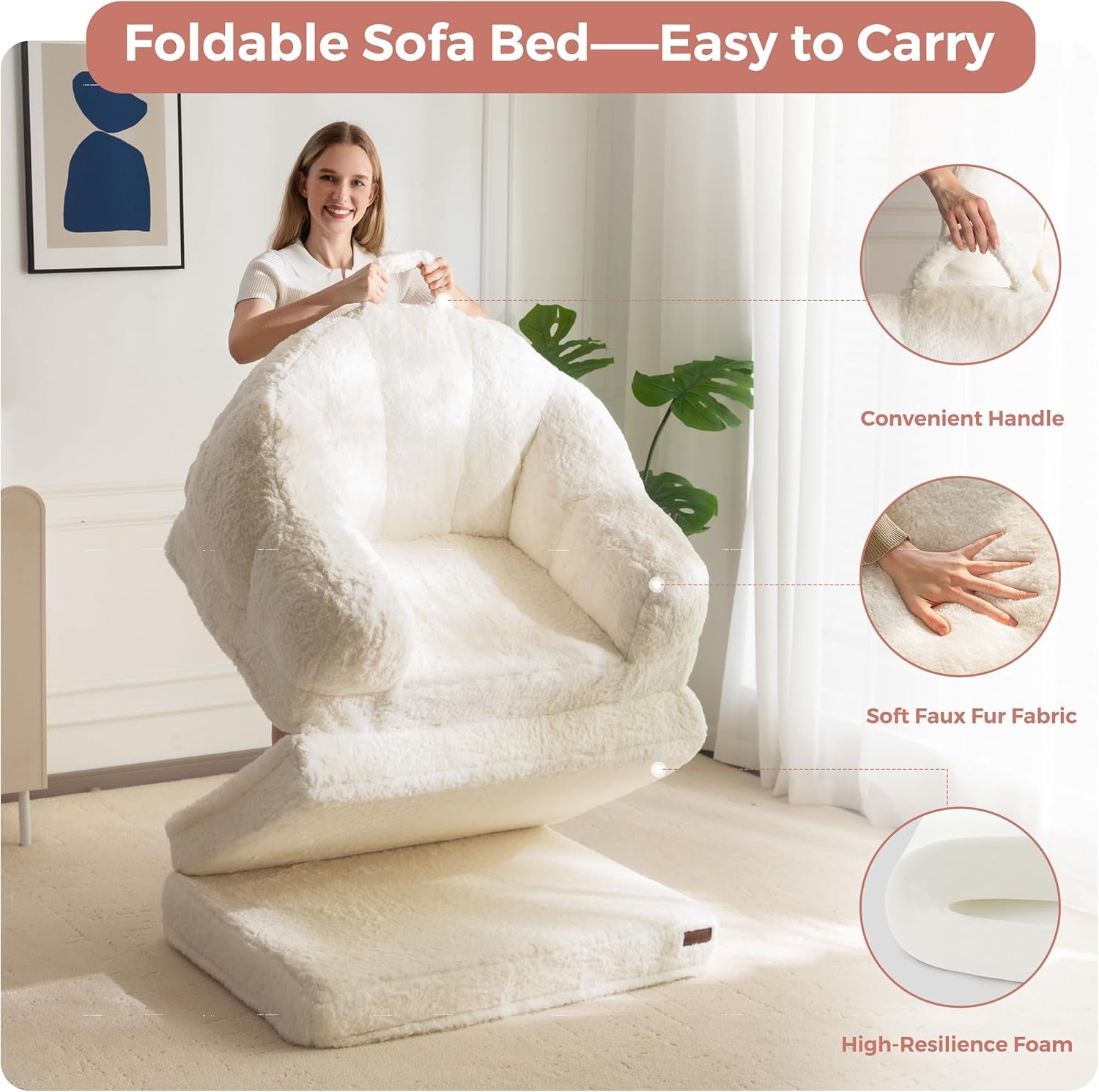 Folding Sofa Bed, 2 in 1 Convertible Sofa to Lounger Comfy Single Bean Bag Chair for Adults, Floor Sleeper Couch with Handle, Faux Fur Couch Bed for Living Room Bedroom, Beige