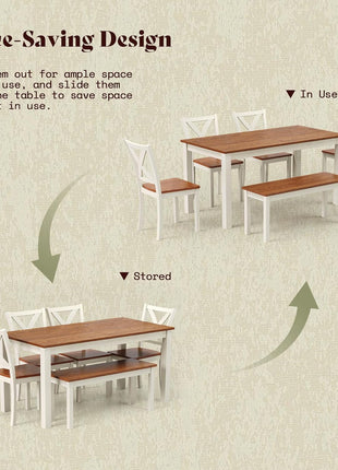 6-Piece Rustic Farmhouse Dining Set with 59" Wooden Table, 4 Chairs, and Bench in Walnut and White - Space-Saving Kitchen and Dining Room Furniture