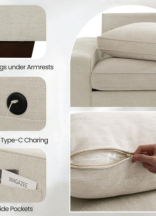 100-Inch Modular Sofa with Storage Seats, Comfortable 3-Seater Chenille Fabric Couch for Living Room, Office, Apartment with Deep Seating, Wide Arms, Side Pockets, USB Ports, and Removable Upholstered Covers in Beige