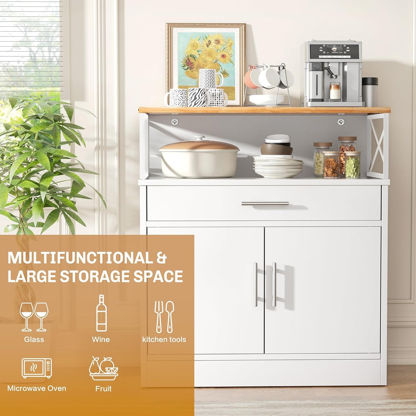 Kitchen Buffet Cabinet with Adjustable Shelf, Modern Kitchen Storage Cabinet,Farmhouse Coffee Bar Cabinet（White）