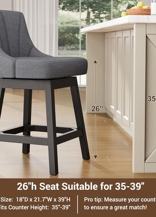 Set of 2 Modern Upholstered Linen Fabric Swivel Bar Stools, 26-Inch Counter Height with Backs, Solid Wood Legs in Dark Gray for Kitchen Island and Dining Room