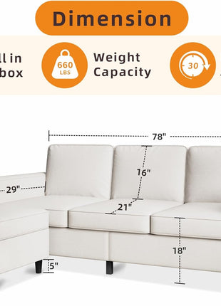 78-Inch L-Shaped Convertible Sectional Sofa with Storage Ottoman, Pet-Friendly Linen Fabric, Ideal for Small Spaces and Apartments
