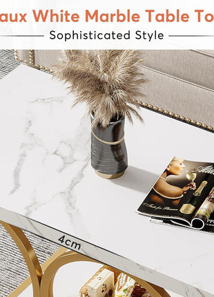 46.45” Contemporary Rectangle Coffee Table with Faux Marble Surface and Geometric Legs, Two-Tier Design Featuring Storage Shelf (White & Gold)