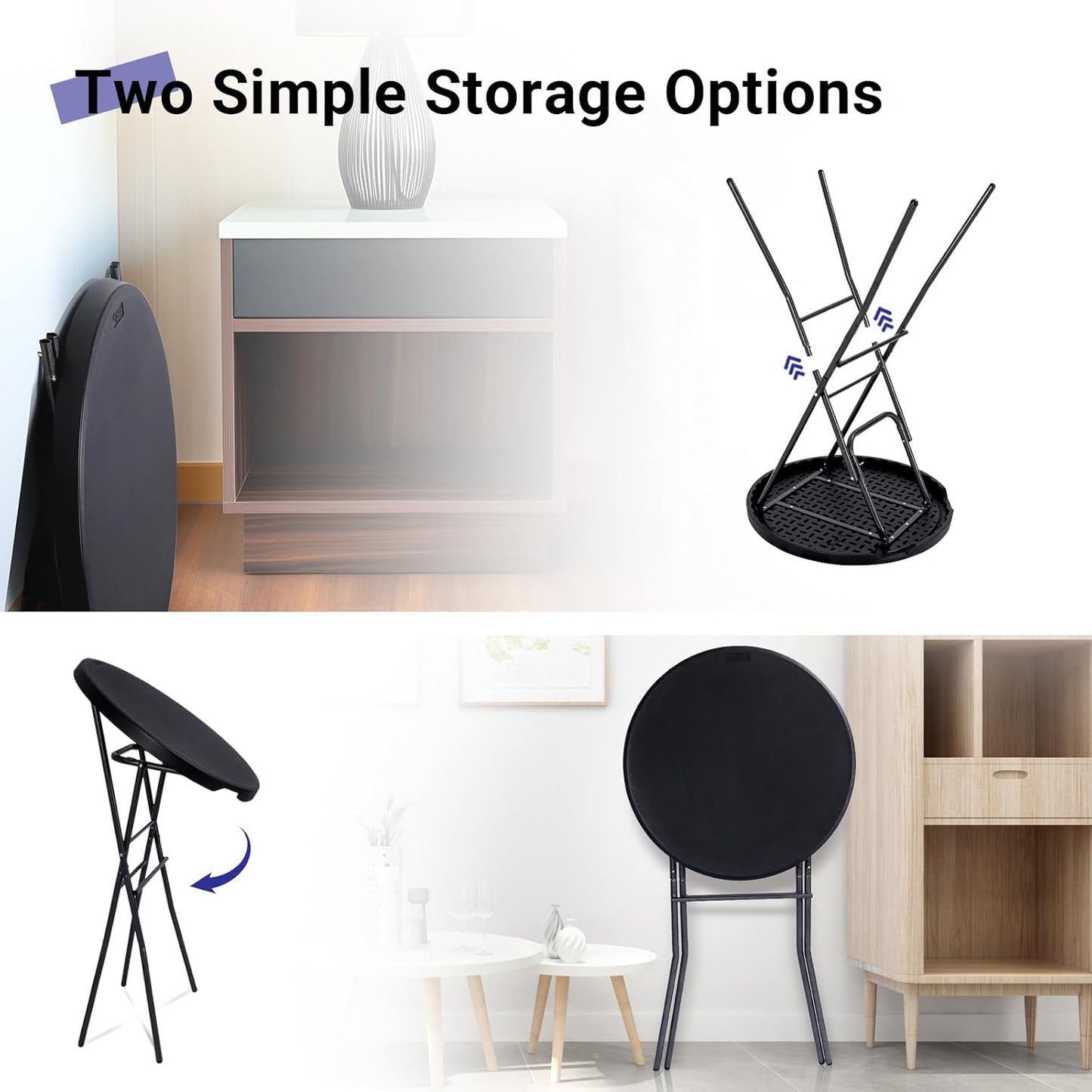 Cocktail Table 28In High Top round Folding Indoor Outdoor, Plastic Bar Height Foldable Bistro Tall Table for Party, Patio, Dining Room, Kitchen, Events, Removable Locking Legs, Black