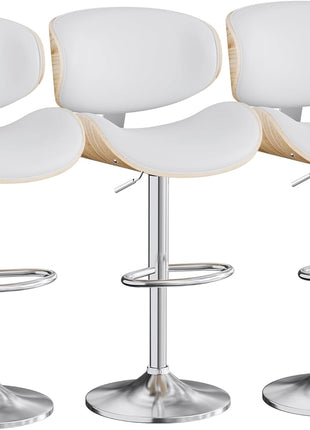 Set of 3 Adjustable Swivel Leather Bar Stools for Kitchen Island - Mid-Century Modern Counter Height Chairs with Backrest and Footrest in Cream White