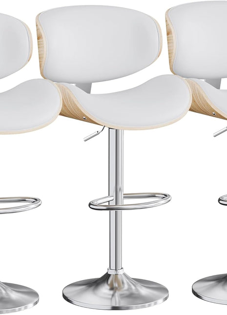 Set of 3 Adjustable Swivel Leather Bar Stools for Kitchen Island - Mid-Century Modern Counter Height Chairs with Backrest and Footrest in Cream White