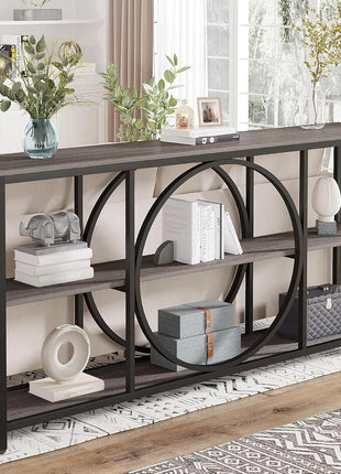 70.9-Inch Extra Long Narrow Console Table with Three-Tier Wooden Storage Shelves and Metal Frame for Entryway, Hallway, and Living Room - Black Rustic Gray