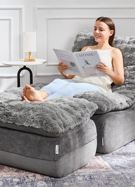 Compact Grey Foam Sofa with Footrest and Recliner for Small Living Spaces, Bedrooms, and Apartments